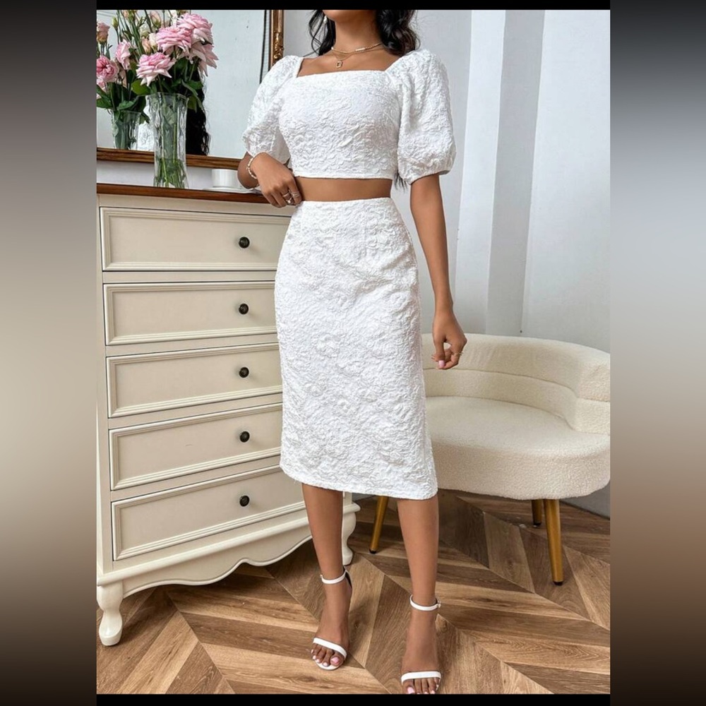 SHEIN Privé Jacquard Square Neck Puff Sleeve Crop Top & Skirt white new set - Picture 3 of 5